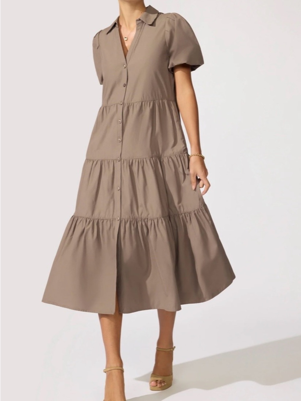 Brochu Walker “Havana” Taupe Tiered Button-Front Midi Dress